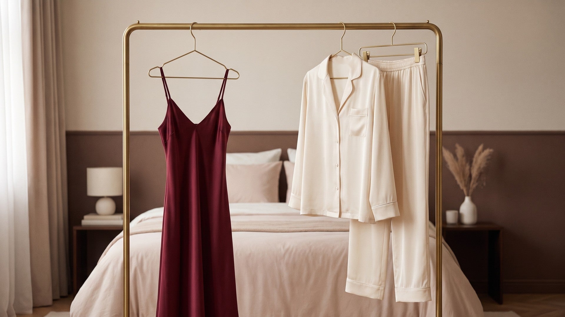 Nuisette bordeaux et pyjama crème suspendus côte à côte dans une chambre Image