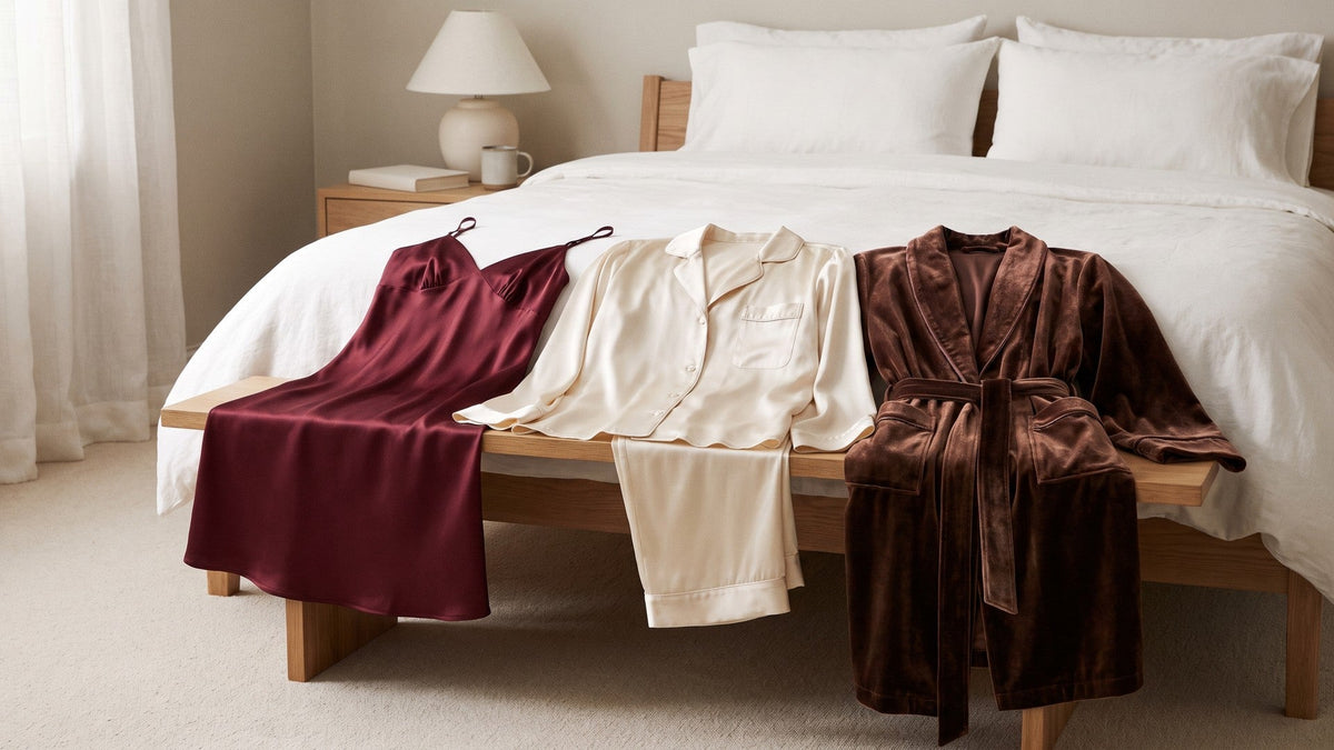 Nuisette bordeaux, pyjama ivoire et peignoir cacao disposés au pied d’un lit