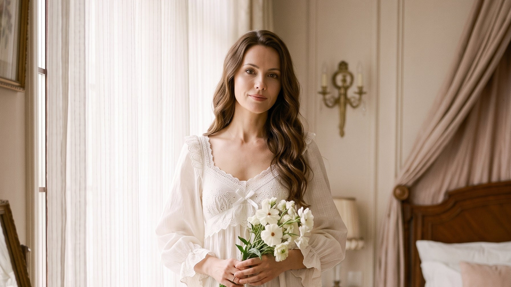 Femme en nuisette blanche vintage brodée tenant un bouquet de fleurs blanches dans une chambre Image