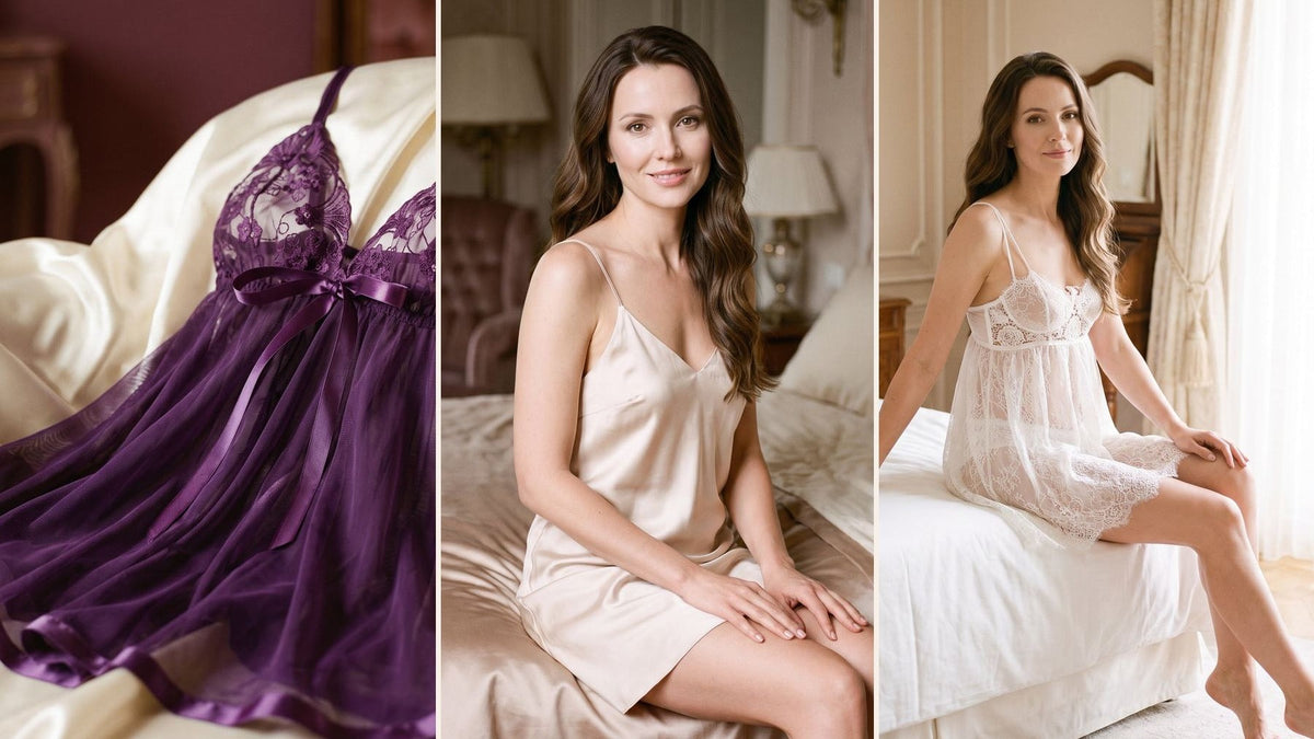 Trois nuisettes violette, satinée et blanche en dentelle pour comparer les coupes Image
