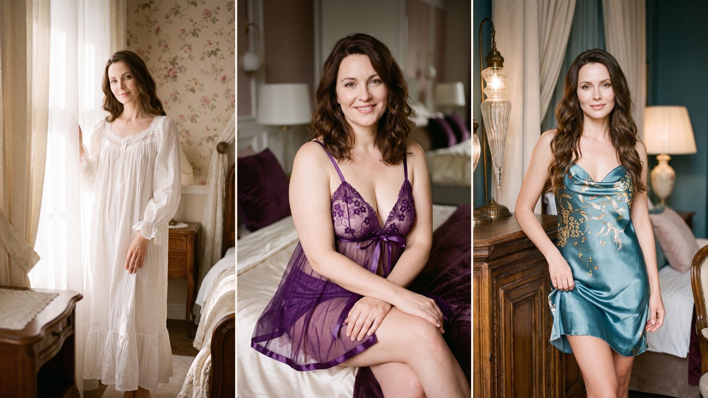 Trois silhouettes de nuisettes blanche, violette et bleue illustrant la diversité des icônes de mode Image