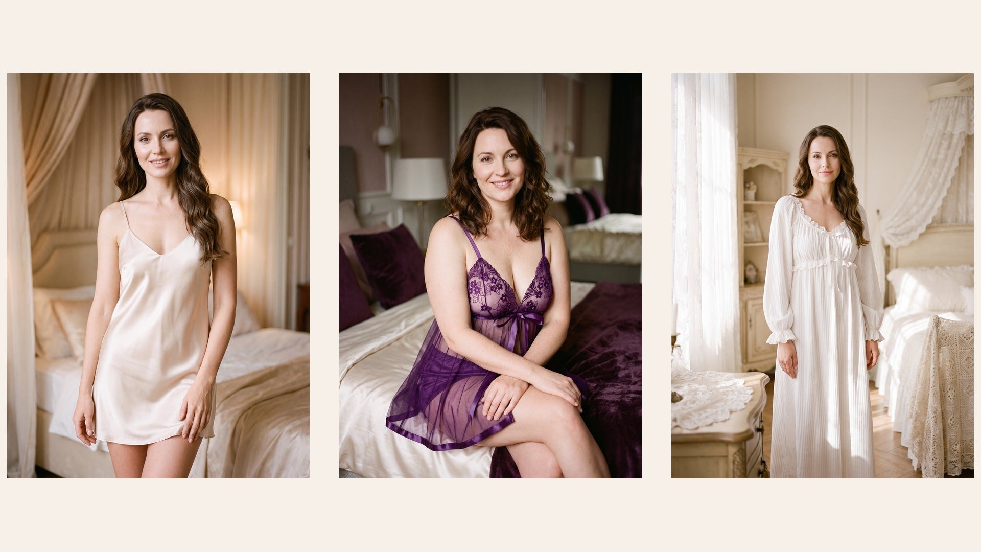 Trois coupes de nuisettes droite, babydoll et longue présentées côte à côte Image