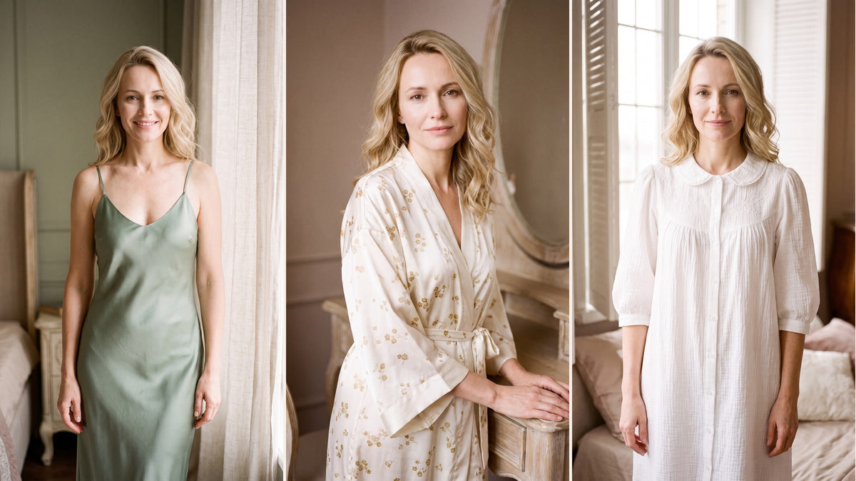 Trois nuisettes d'inspiration mode : slip en satin vert sauge, kimono fleuri dore et chemise en gaze de coton brodee