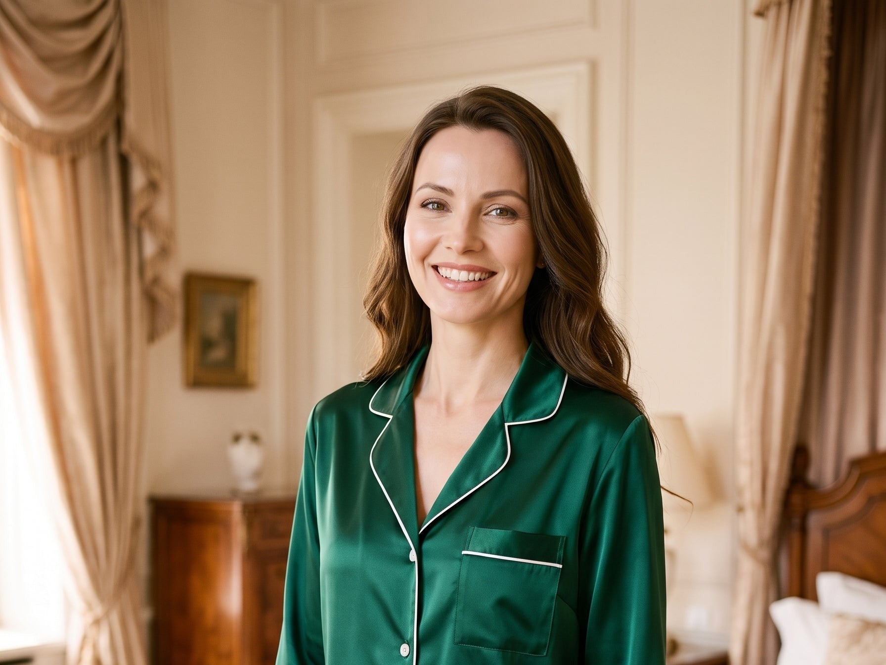Femme souriante en pyjama satin vert, tête entière visible Image