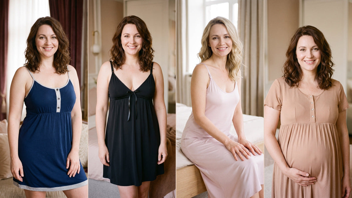 Quatre femmes portant des nuisettes et chemises de nuit de grossesse et d’allaitement Image