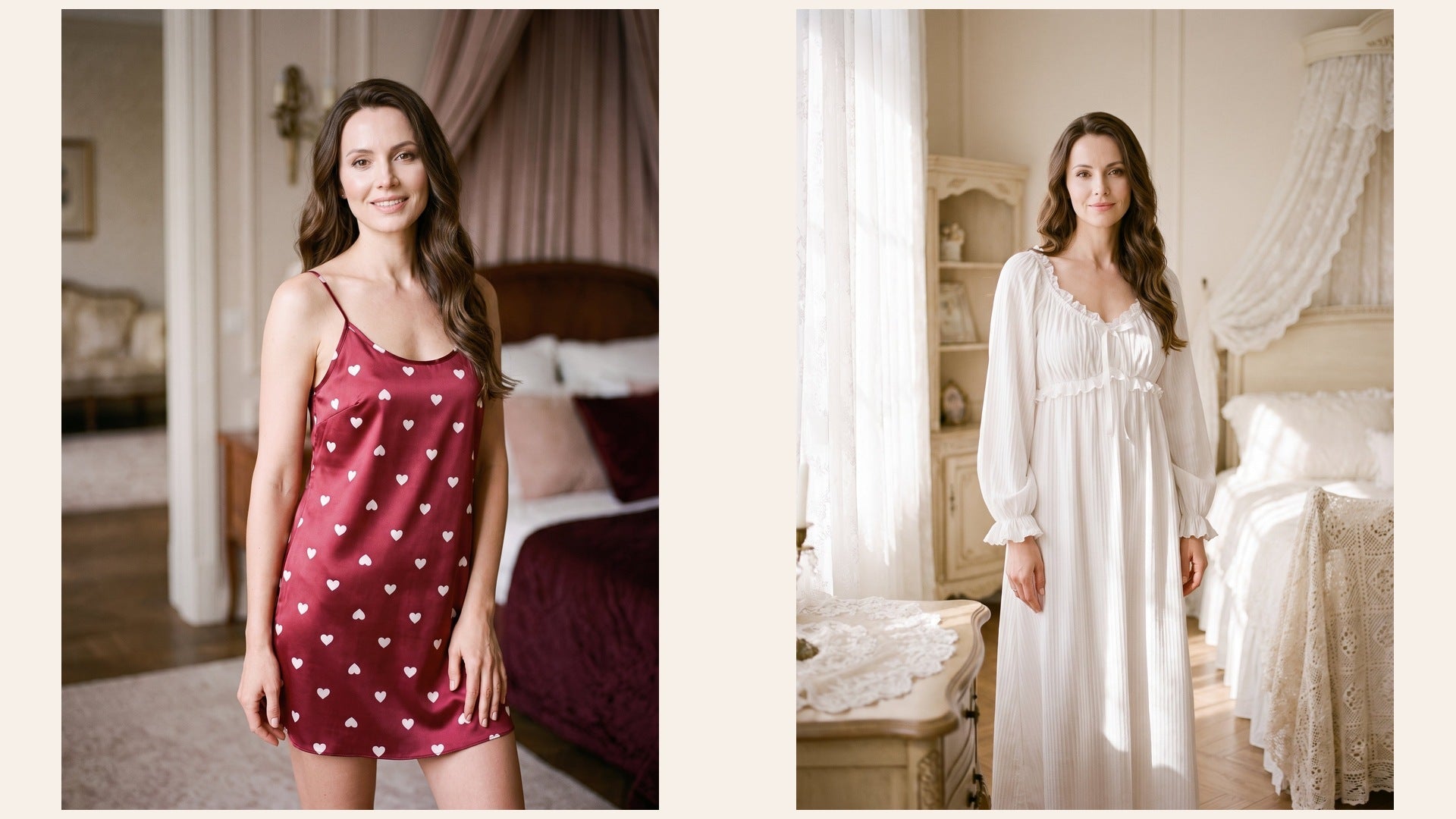 Nuisette courte rouge à cœurs et nuisette longue blanche comparées côte à côte Image