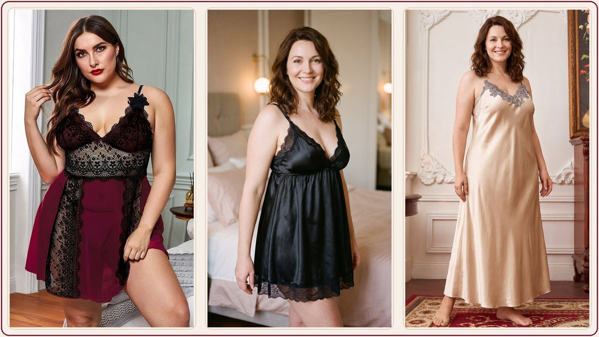 Trois femmes portant des nuisettes grande taille bordeaux, noire et champagne Image
