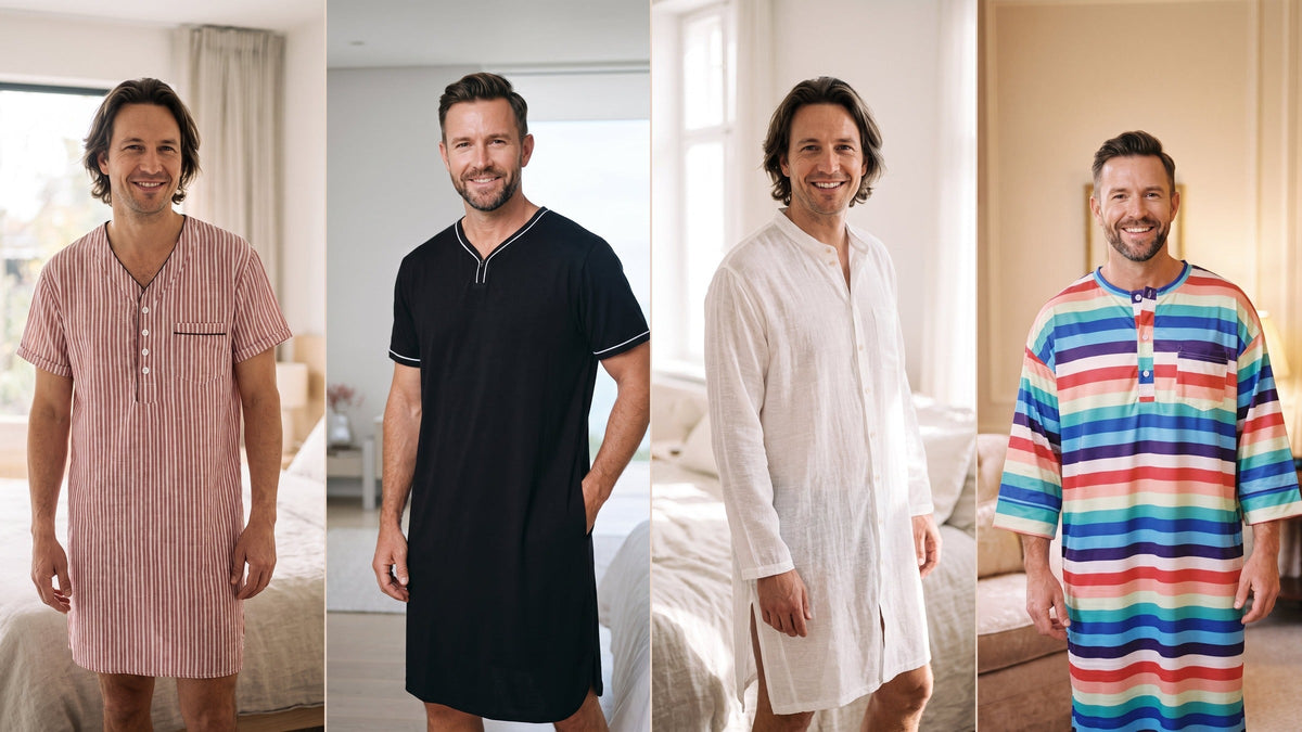 Quatre hommes portant des chemises de nuit de coupes et de styles différents
