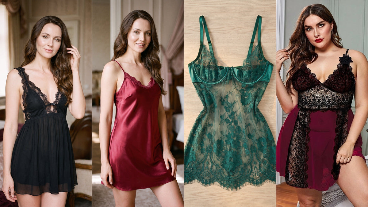 Trois femmes portant des nuisettes noires, rouge et bordeaux avec une nuisette verte présentée à plat