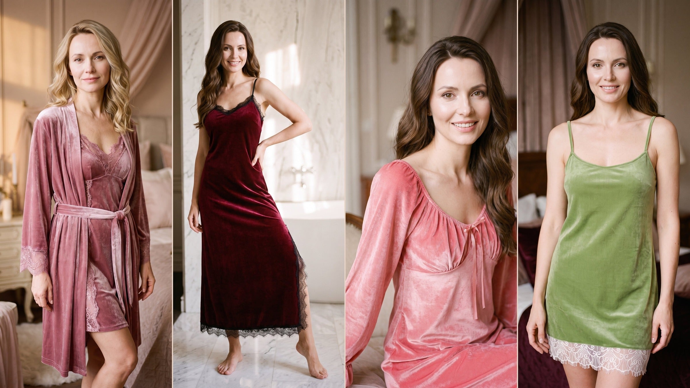 Quatre nuisettes en velours rose, bordeaux et vert pour choisir une tenue d’hiver