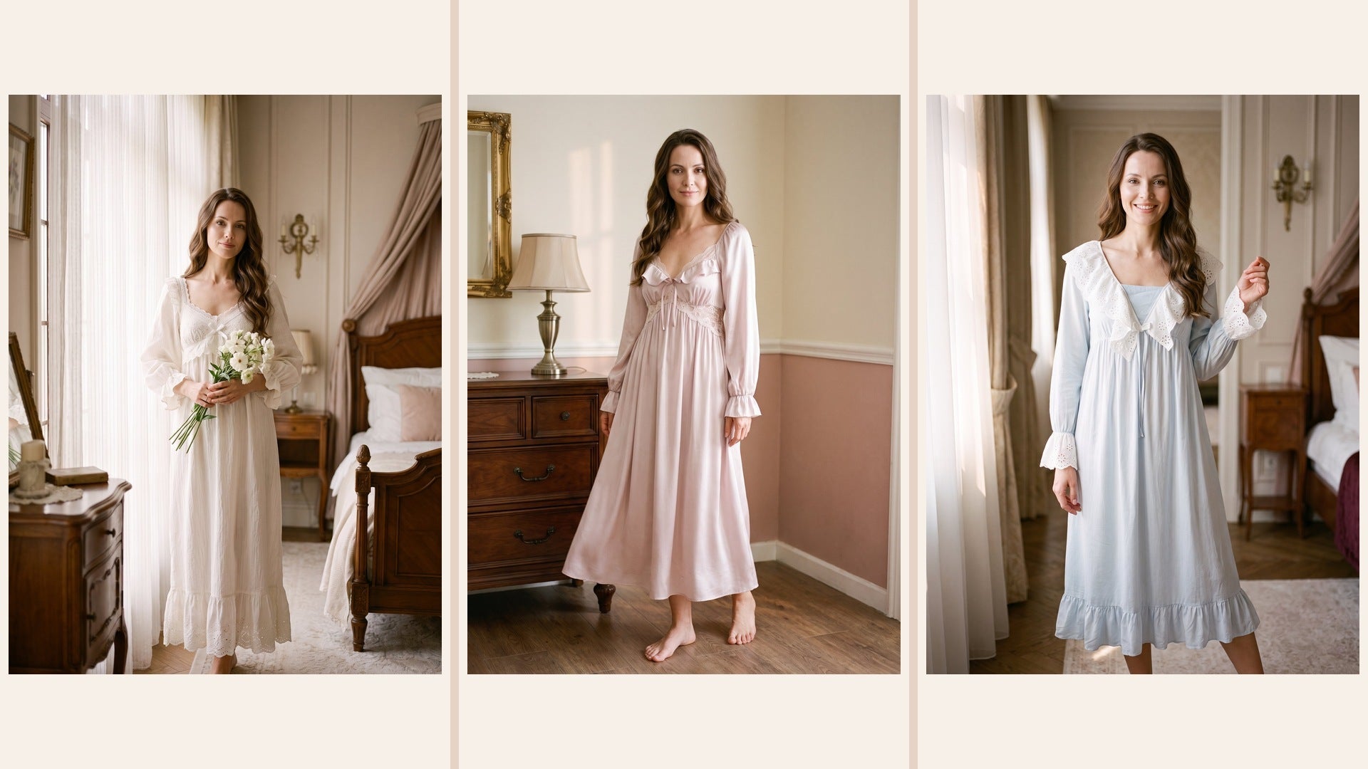 Trois nuisettes vintage longues en coton blanc, satin rose et coton bleu présentées côte à côte Image