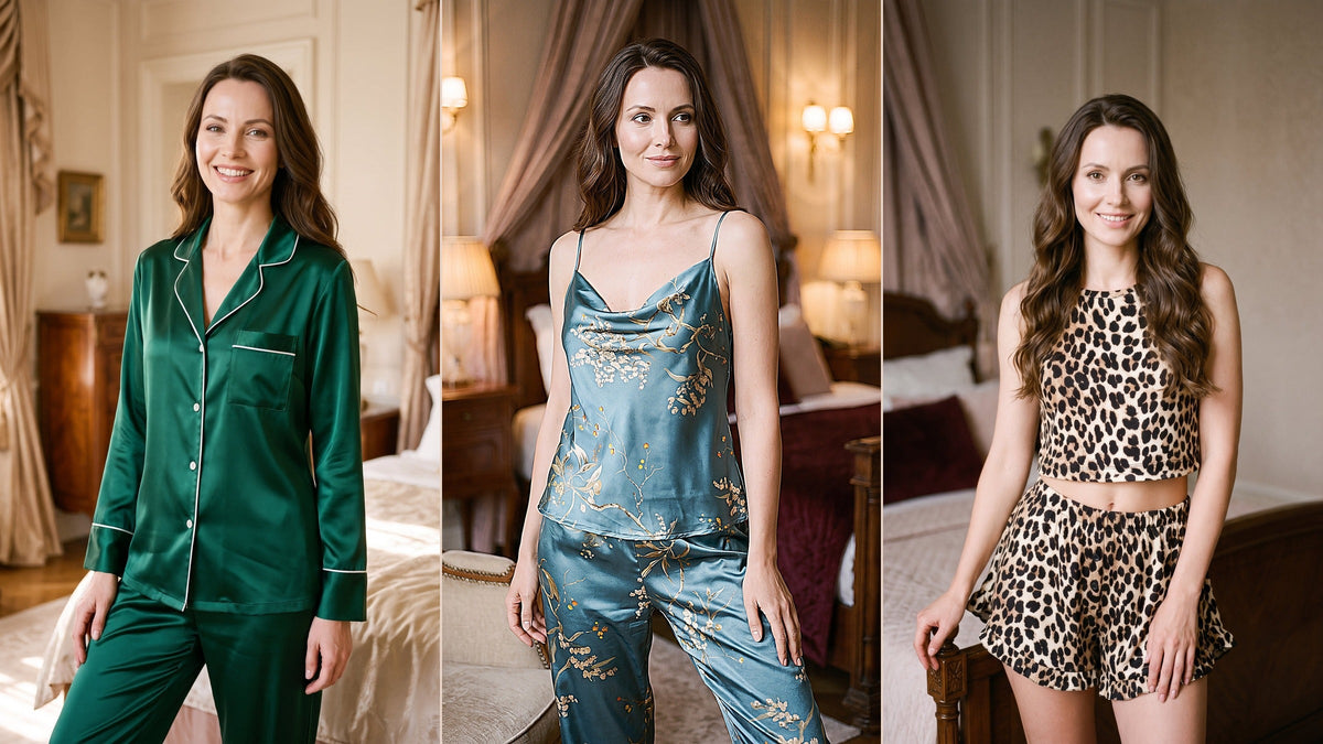 Trois femmes portent un pyjama vert, un pyjama floral bleu et un pyjama léopard