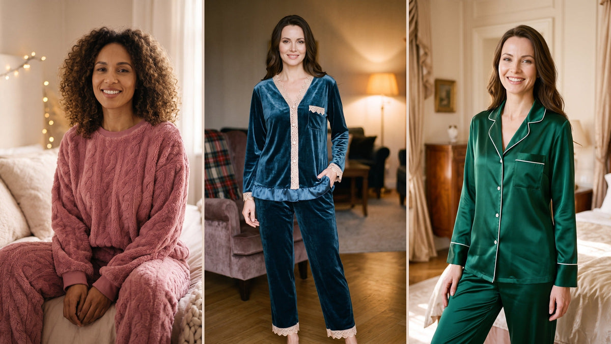 Trois pyjamas femme d’hiver en satin vert, velours bleu et maille rose