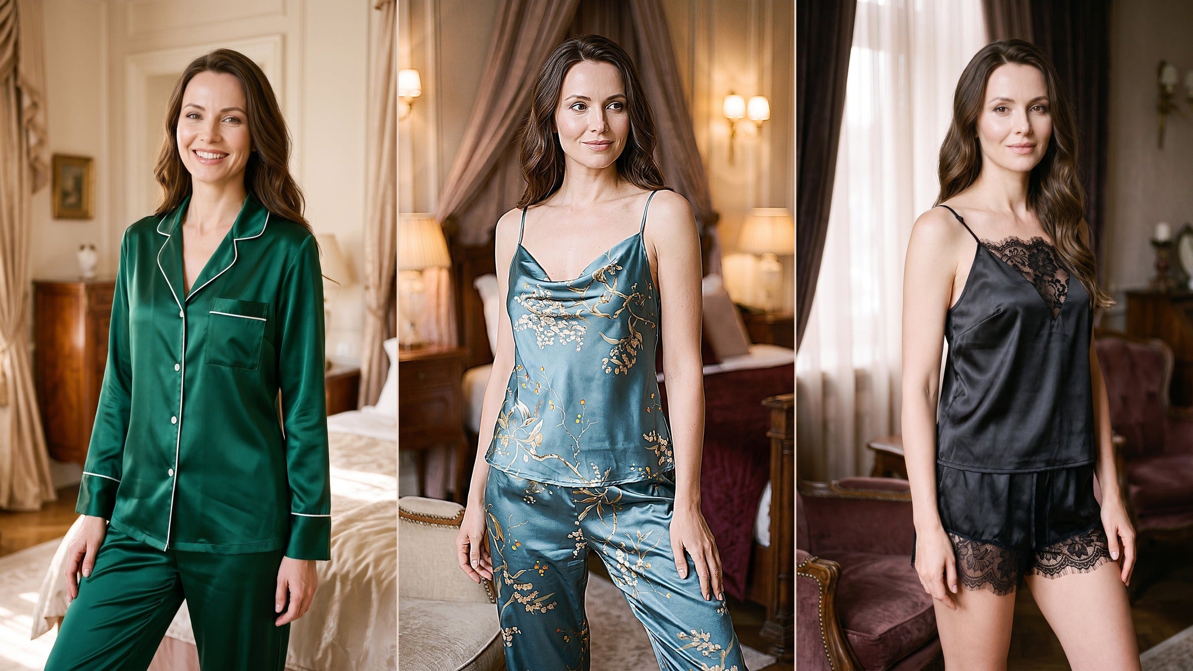 Trois femmes portent un pyjama vert, un pyjama floral bleu et un ensemble noir à dentelle