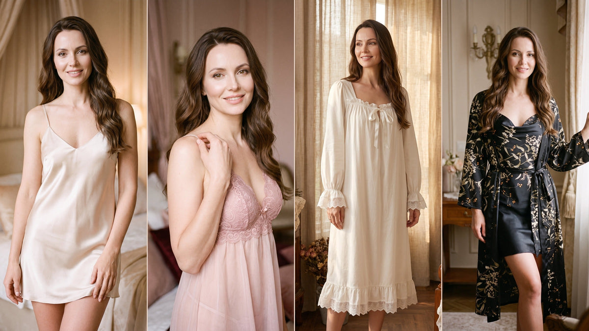 Quatre styles de nuisettes tendance en satin, dentelle, coupe longue et ensemble kimono Image