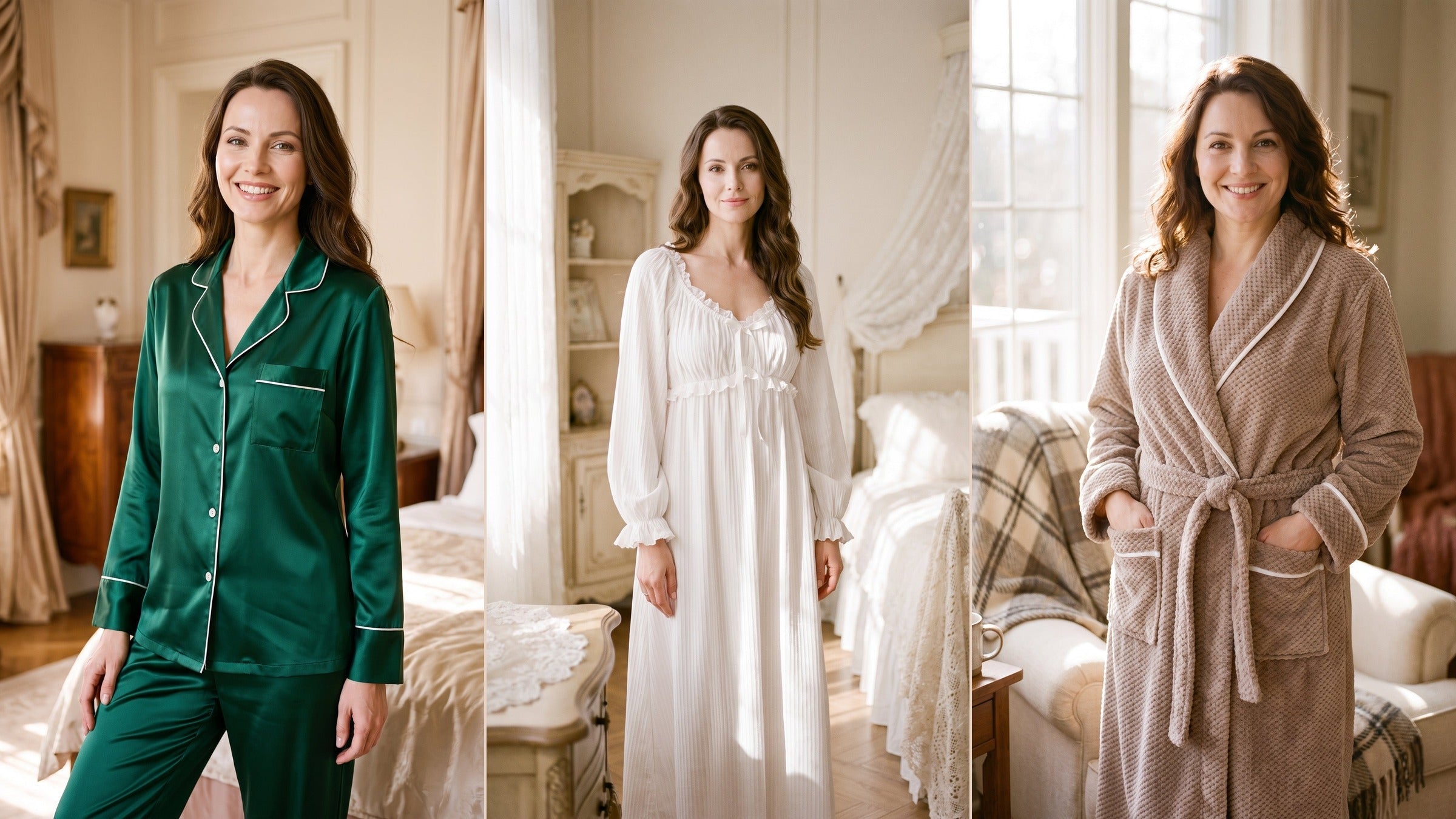 Trois femmes portent un pyjama vert, une chemise de nuit blanche et une robe de chambre taupe