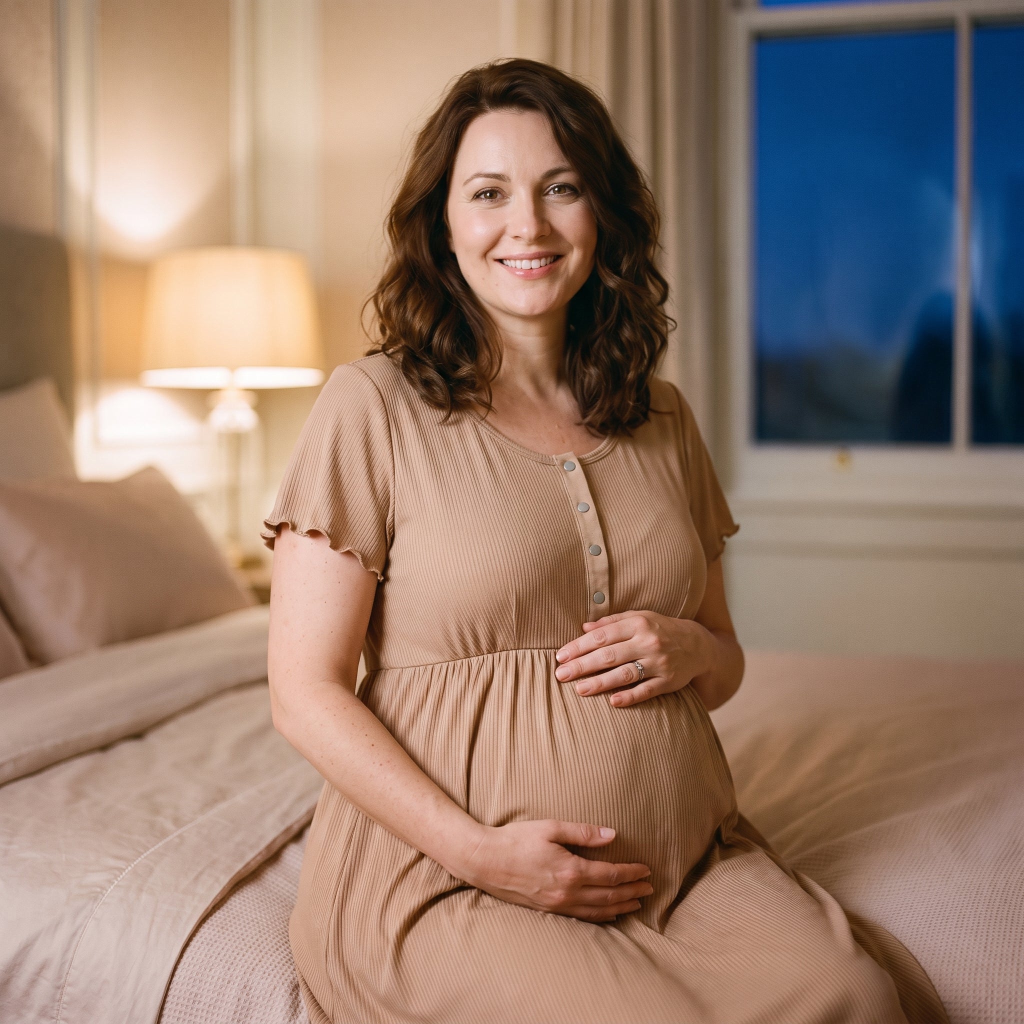 Femme enceinte assise au bord du lit en chemise de nuit rose, la nuit, lampe de chevet allumée Image