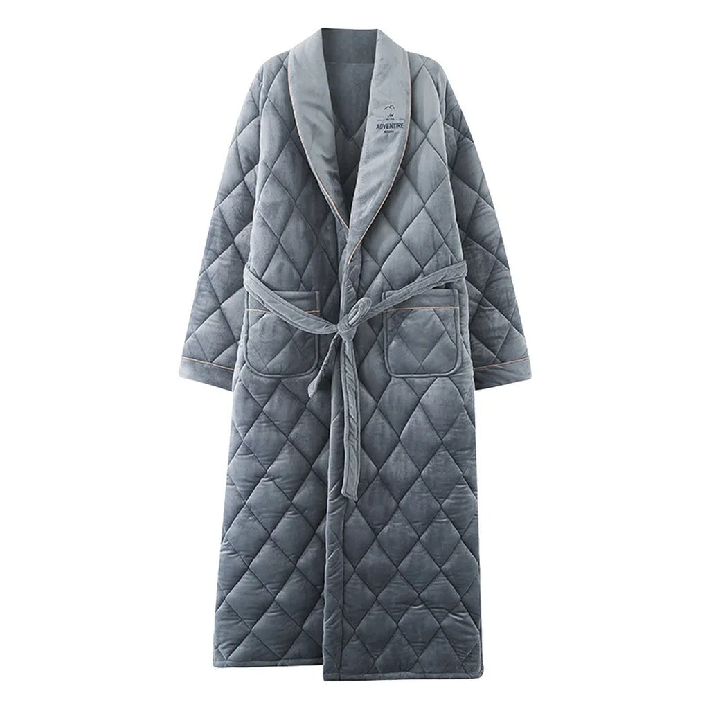 Robe de chambre matelassée grise pour homme avec ceinture, poches et broderie ADVENTURE