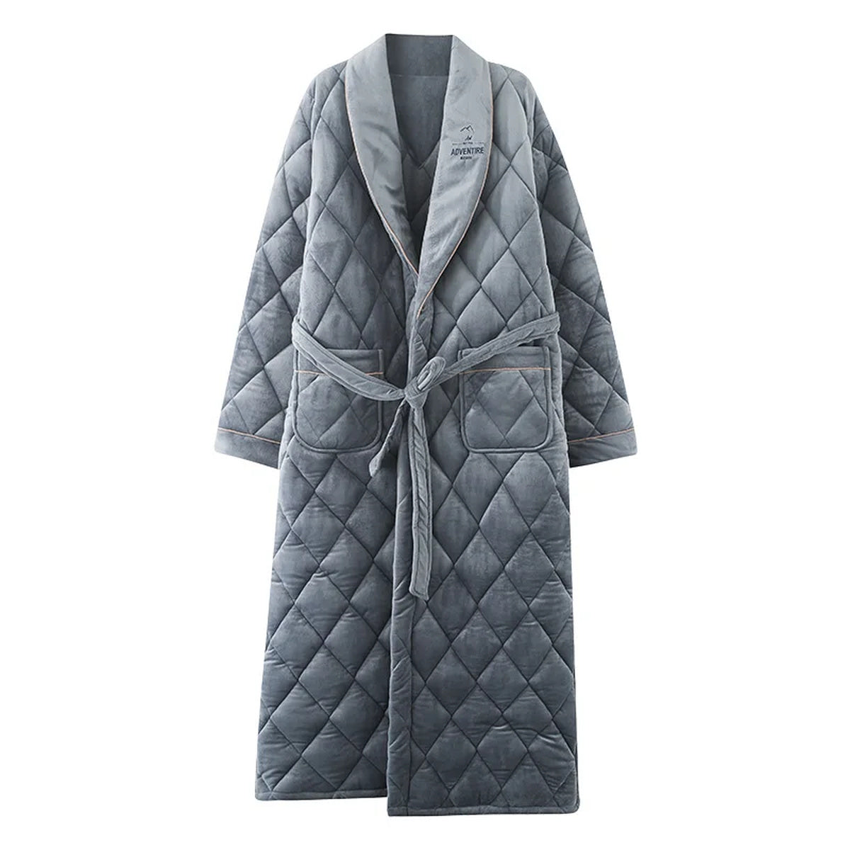 Robe de chambre matelassée grise pour homme avec ceinture, poches et broderie ADVENTURE