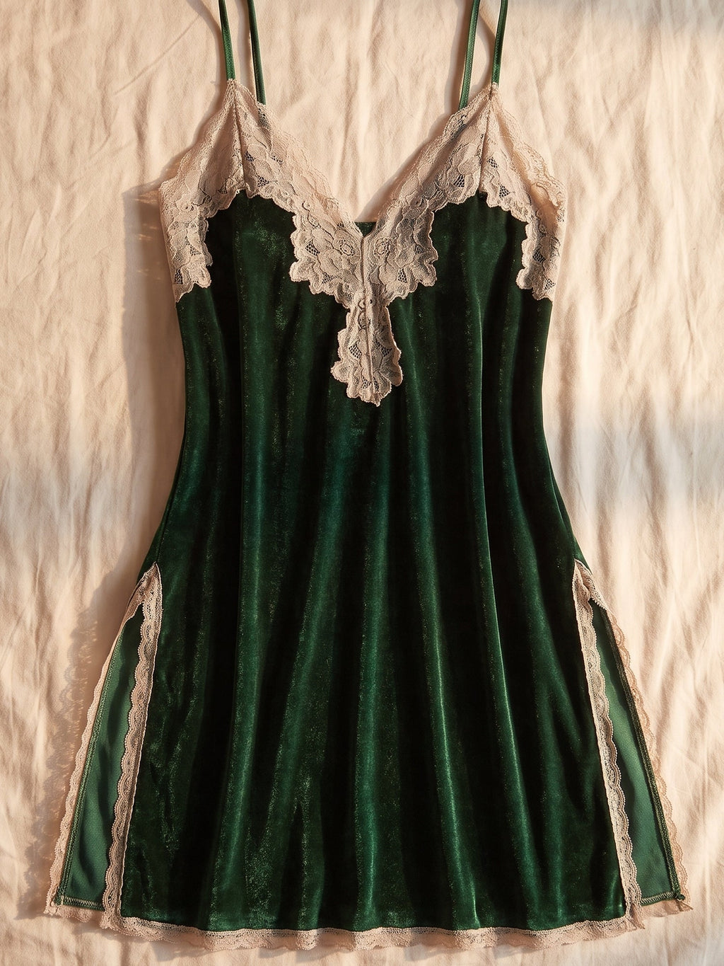 Dentelle claire, velours vert et fentes latérales de la nuisette courte
