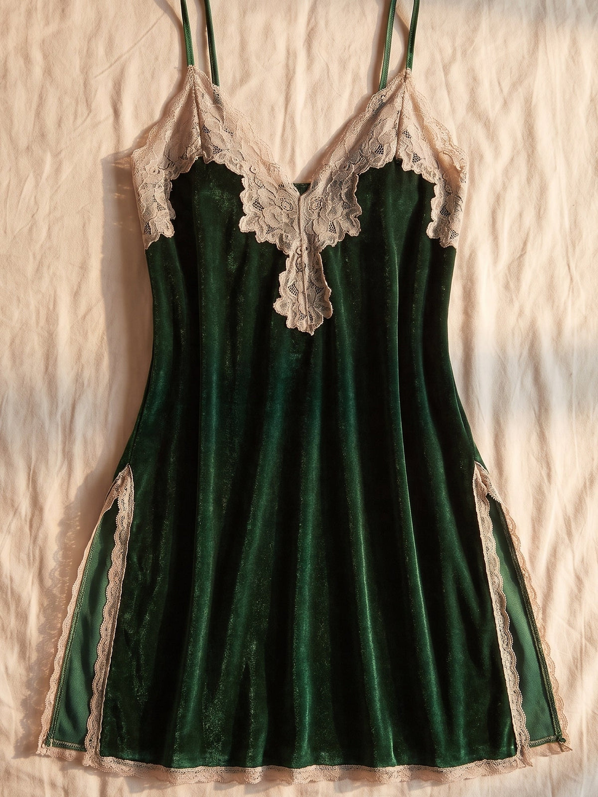 Dentelle claire, velours vert et fentes latérales de la nuisette courte