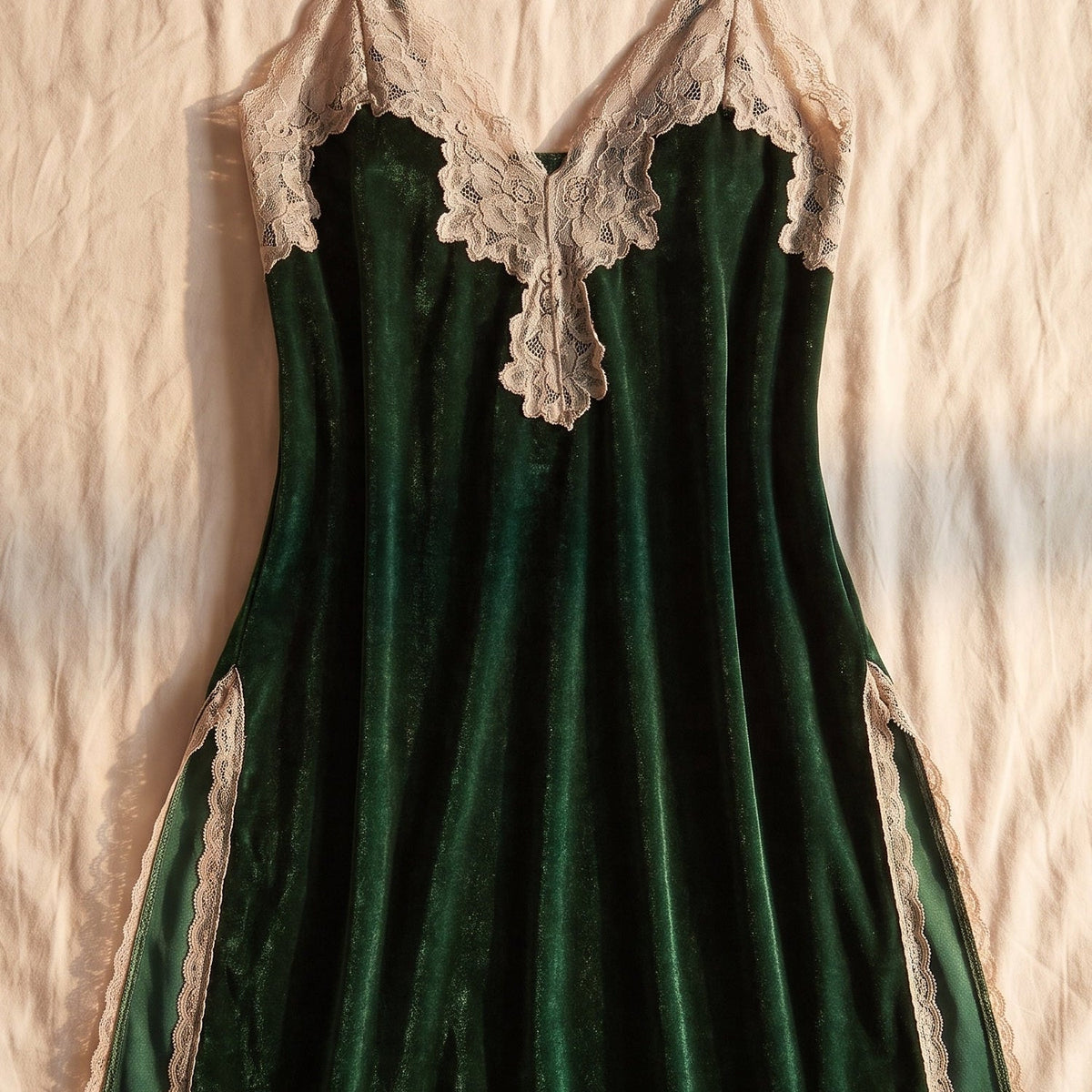 Fentes laterales dentelle et ourlet nuisette courte velours vert Image
