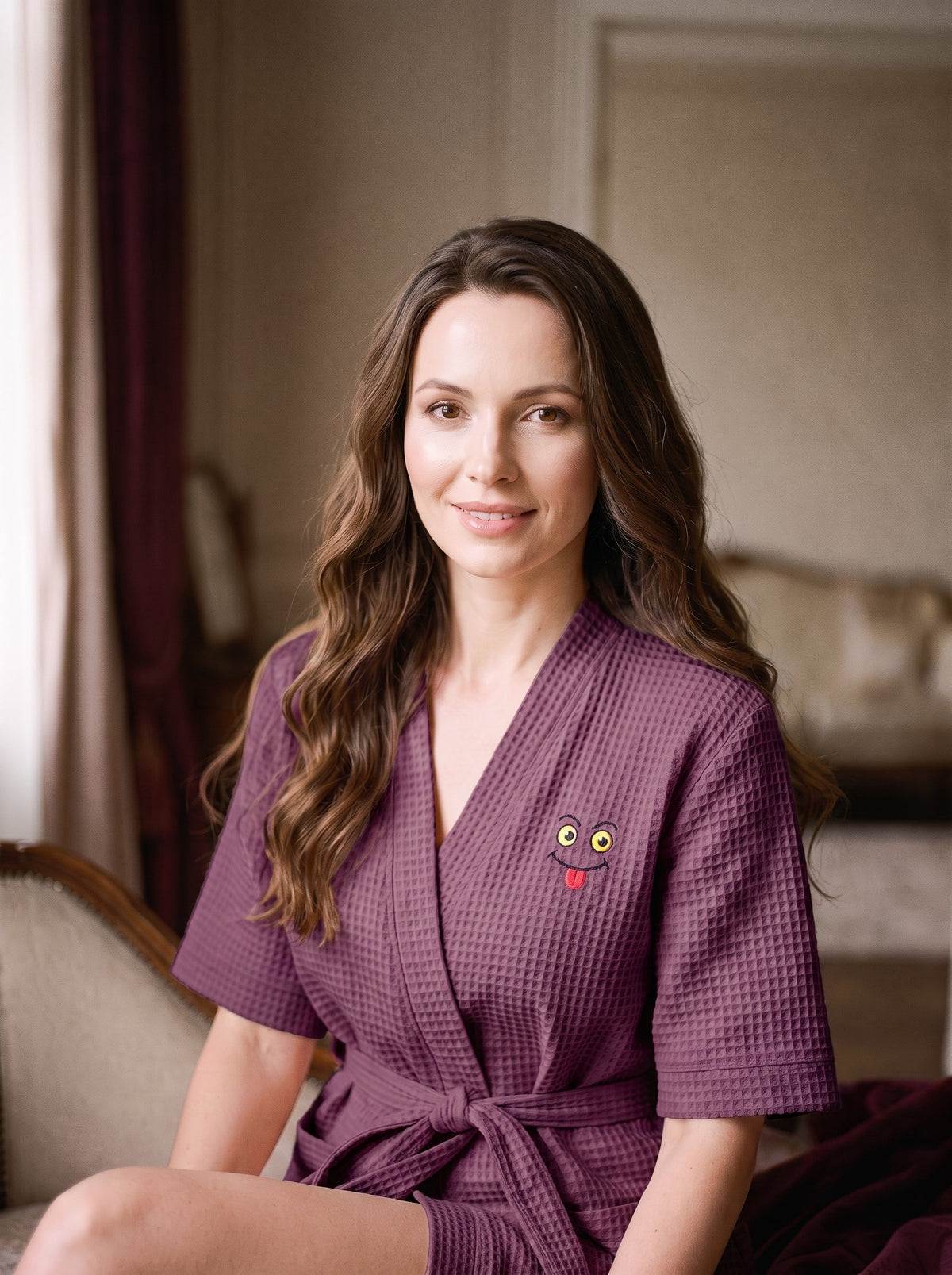 Femme souriante portant le peignoir court violet gaufré à manches courtes