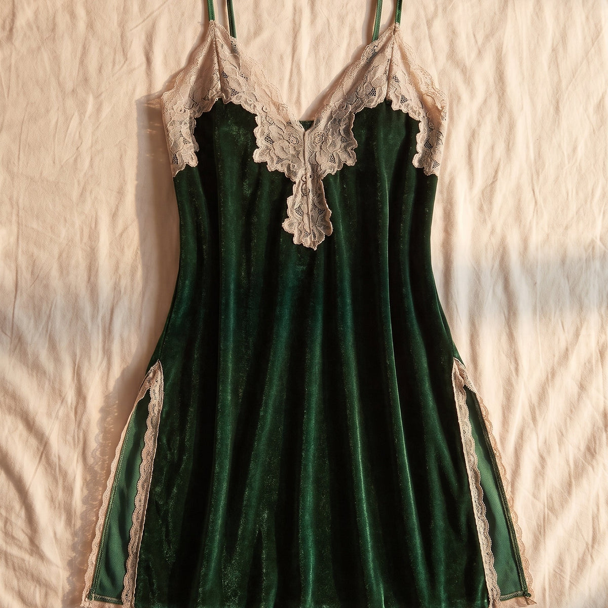 Velours vert et dentelle claire nuisette courte fendue vue a plat Image
