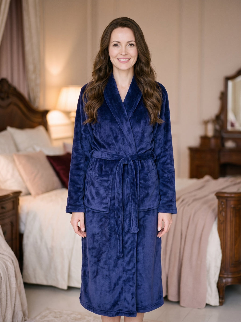 Femme souriante portant le peignoir long bleu dans une chambre aux tons crème