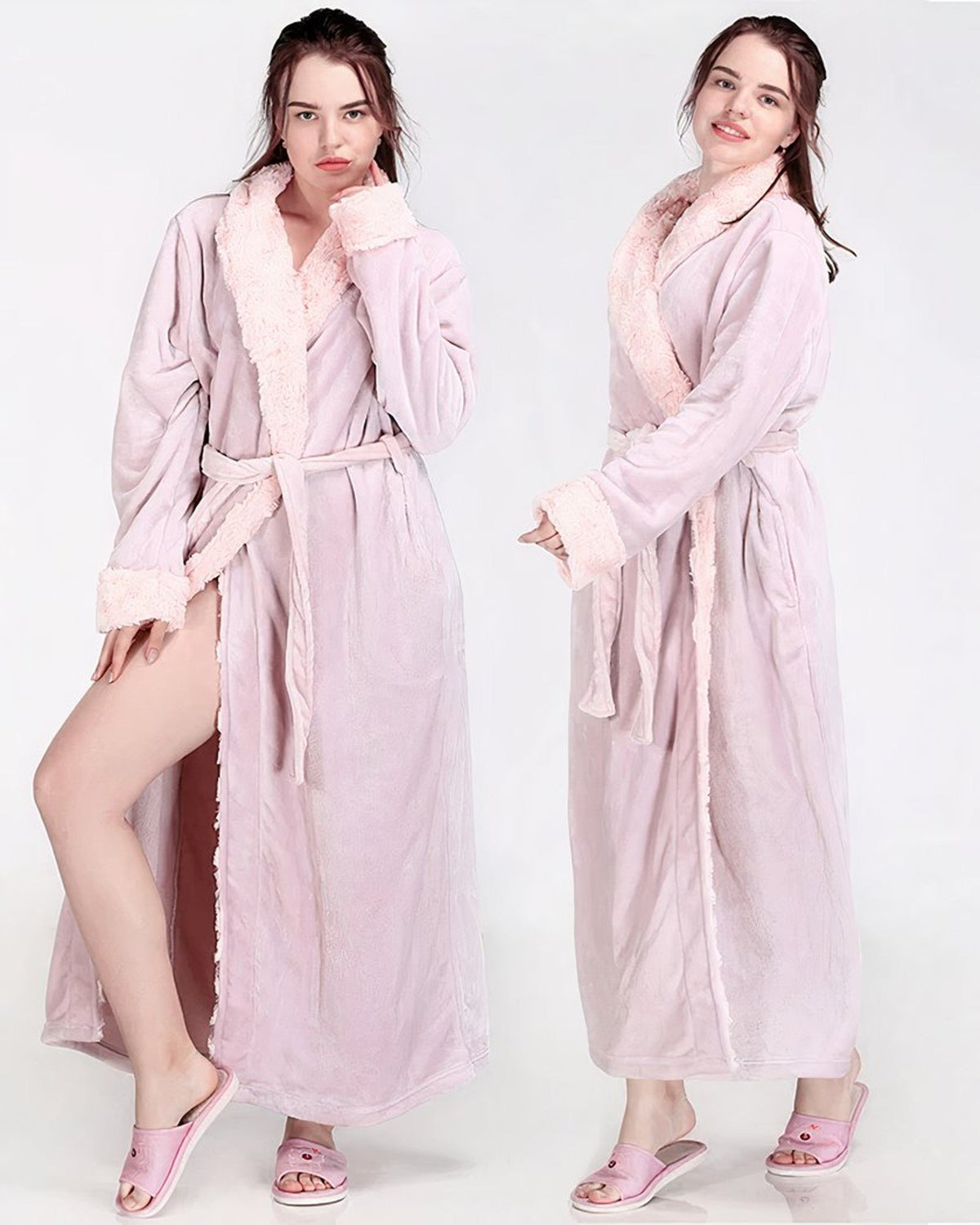 Peignoir long rose pâle porté par deux femmes