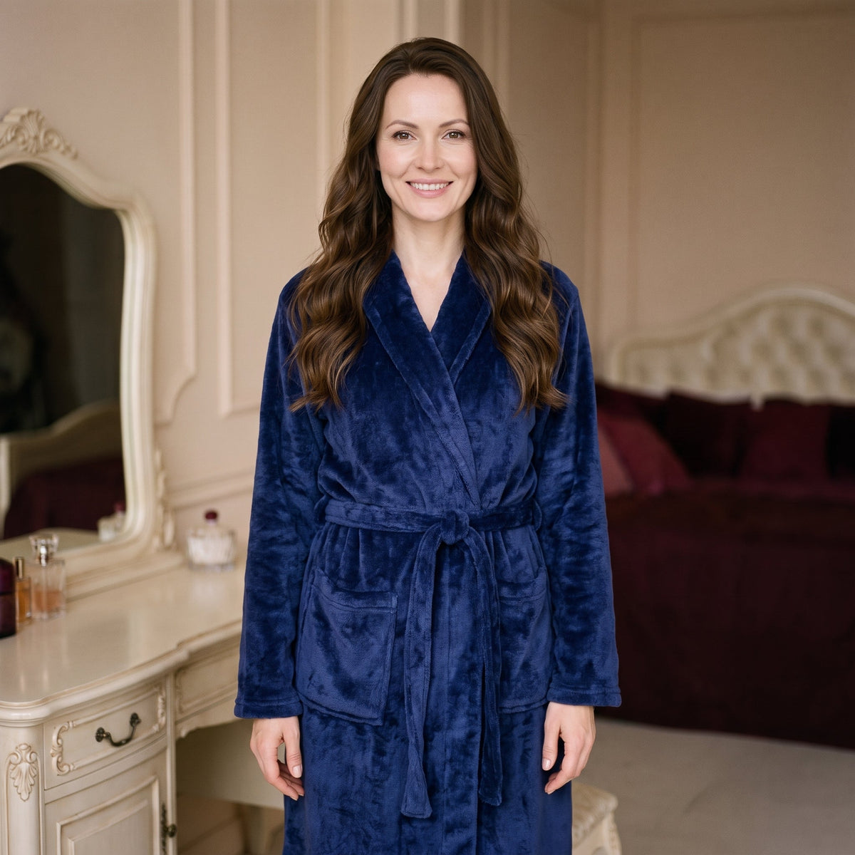 Femme souriante portant le peignoir long bleu près d’une coiffeuse