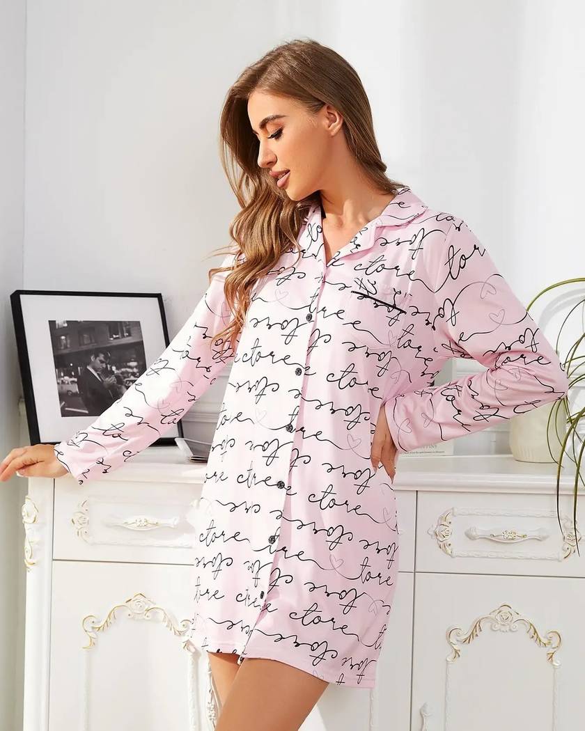 Chemise de Nuit Femme Hiver Rose à Col Rabattu