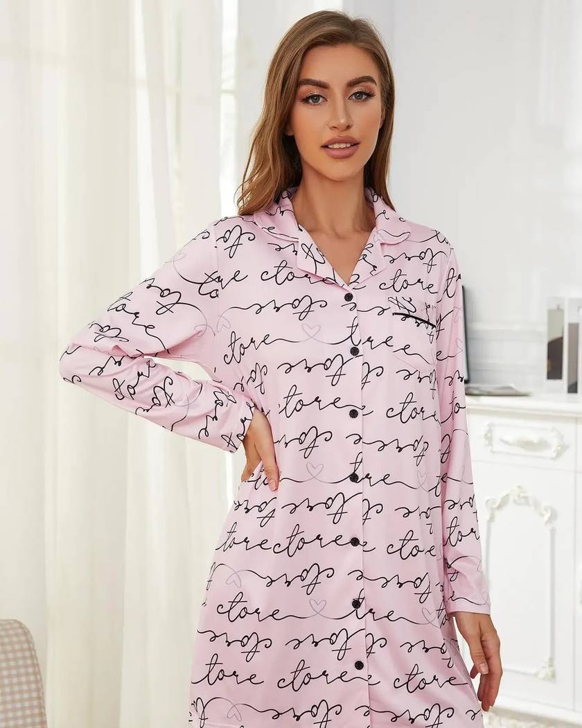 Chemise de Nuit Femme Hiver Rose à Col Rabattu