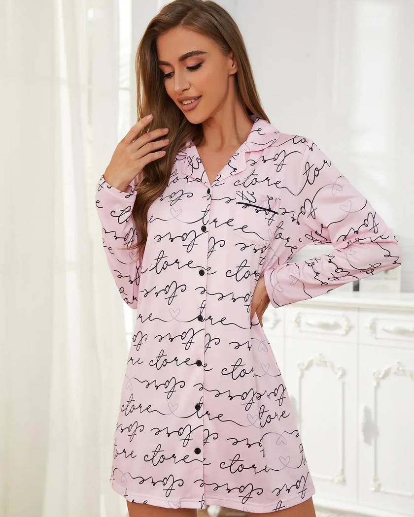Chemise de Nuit Femme Hiver Rose à Col Rabattu