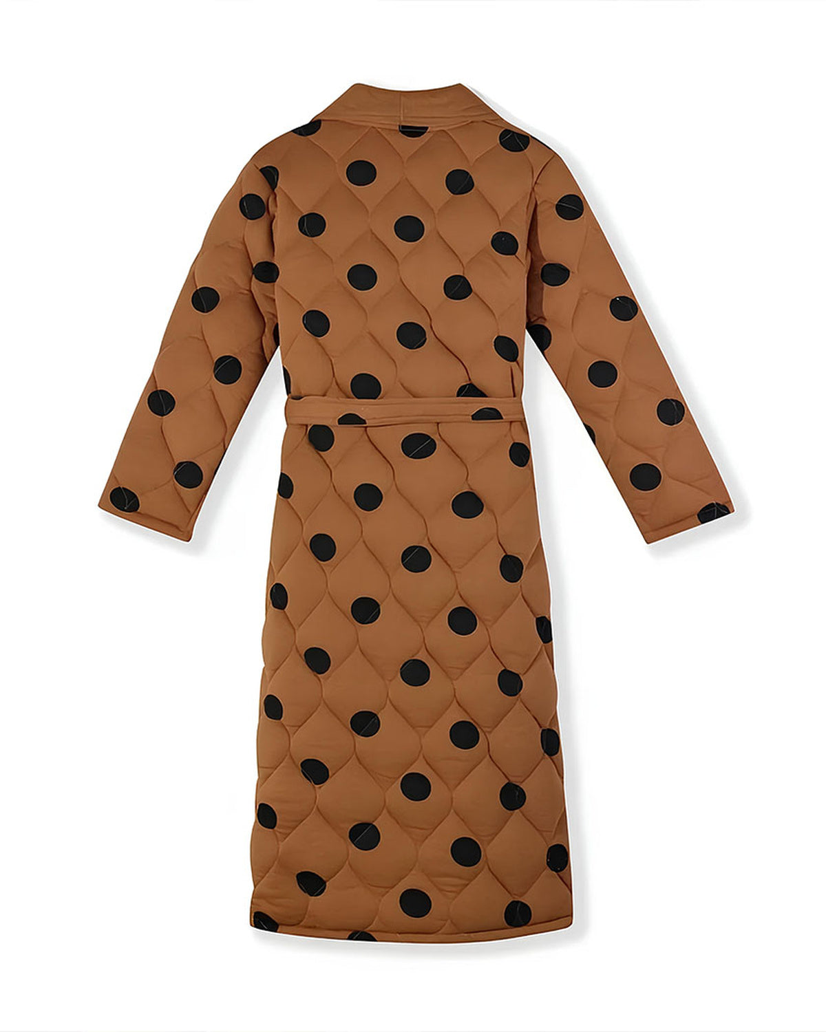 Robe de chambre matelassée caramel à pois noirs vue de dos, posée à plat, ceinture passée dans le dos et manches longues