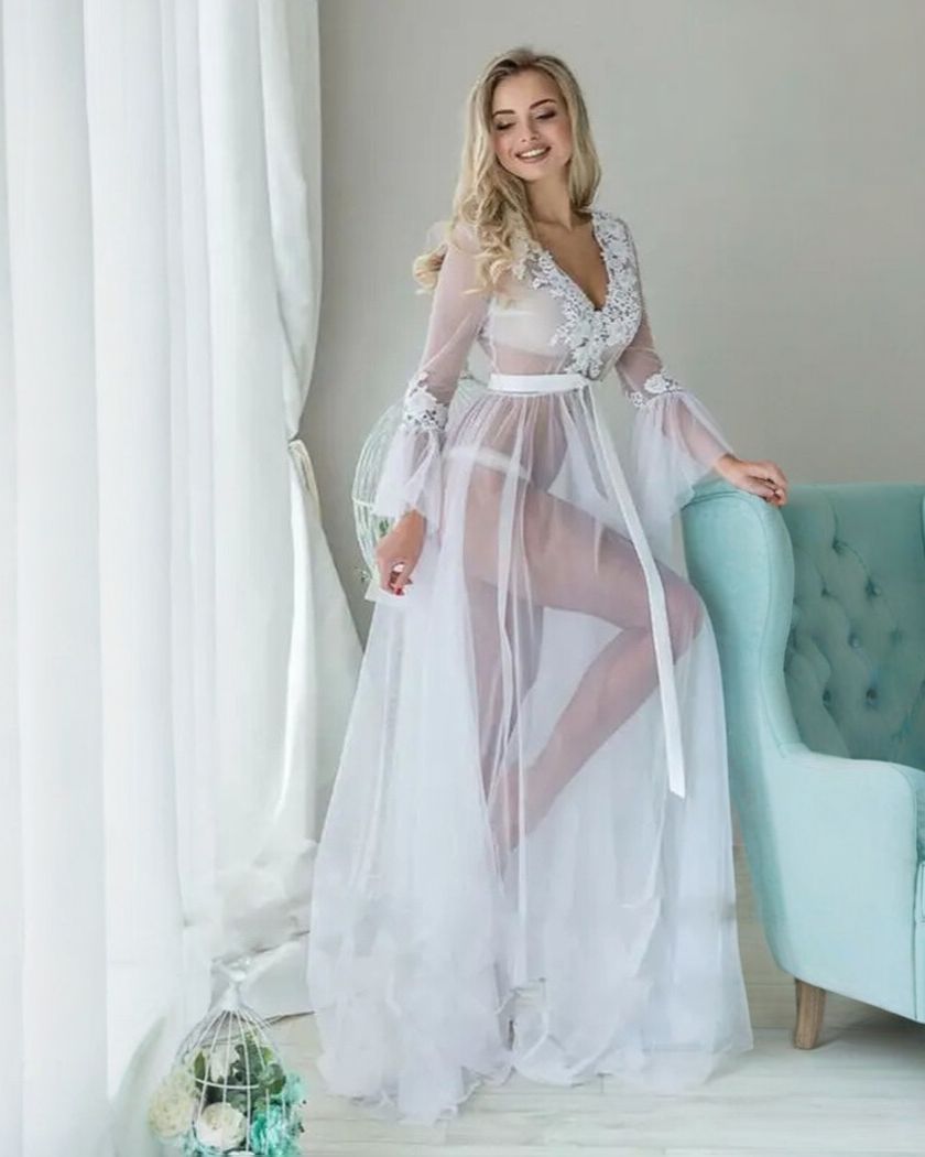 Nuisette Dentelle Blanche Manches Longues