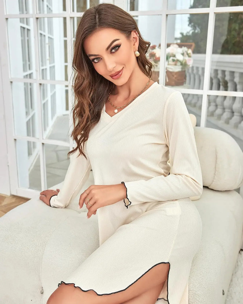 Chemise de Nuit Femme Hiver Col en V