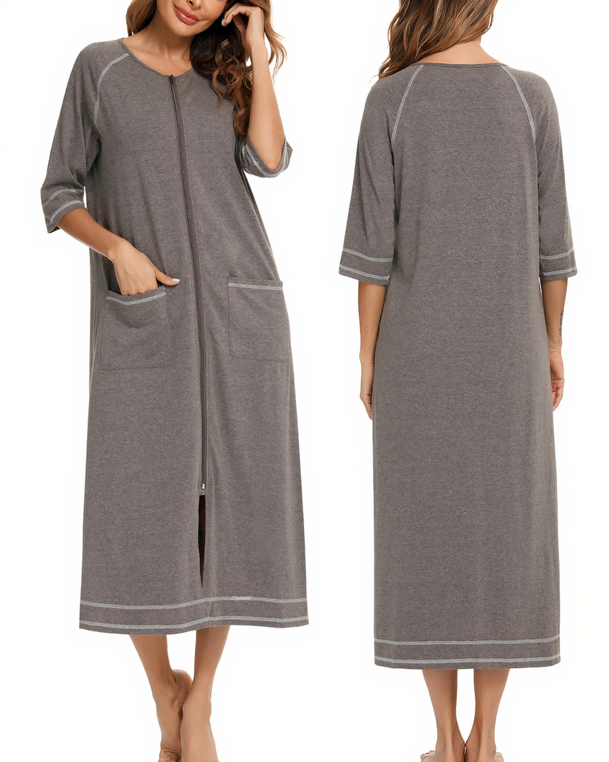 Robe de chambre grise zippée vue de face et de dos, surpiqûres claires aux poignets et au bas