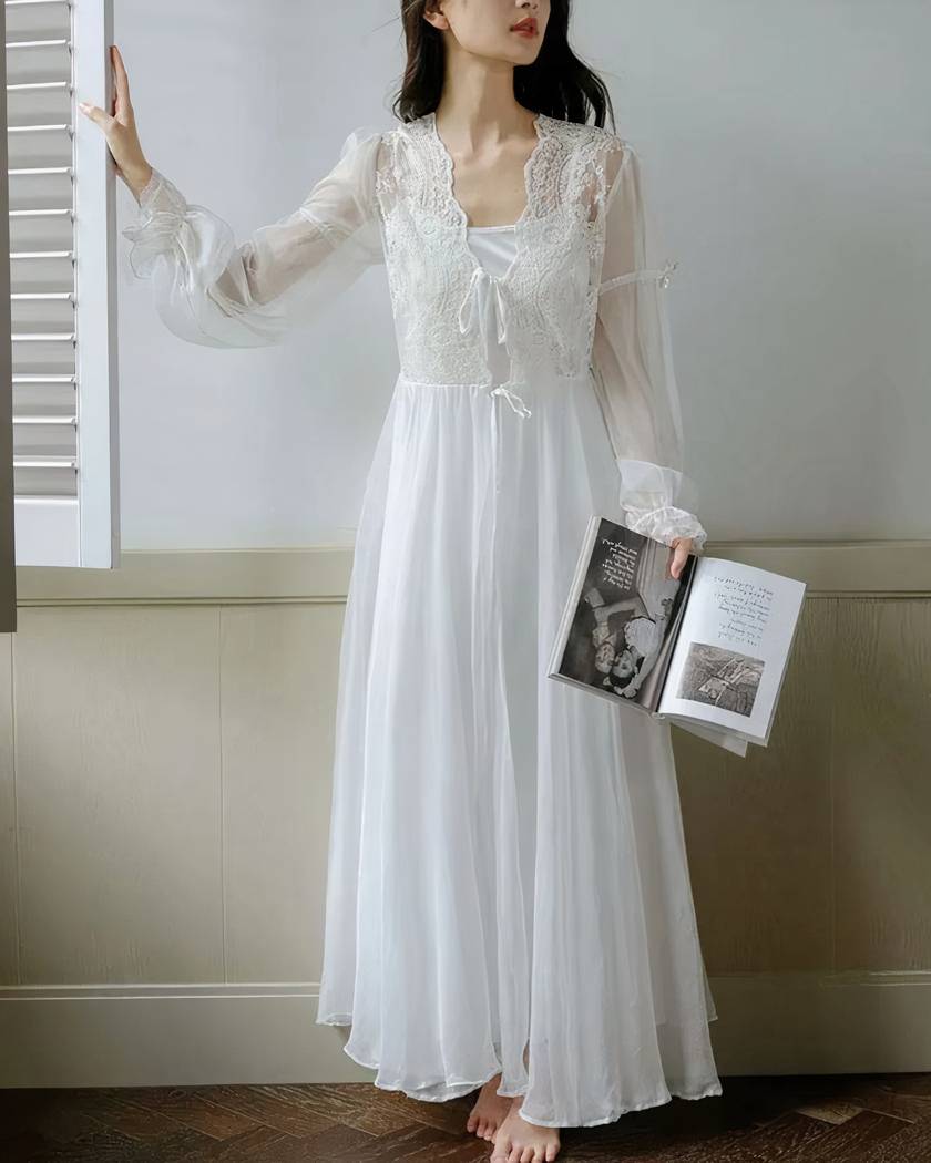 Chemise de Nuit Longue Romantique Blanche en Dentelle