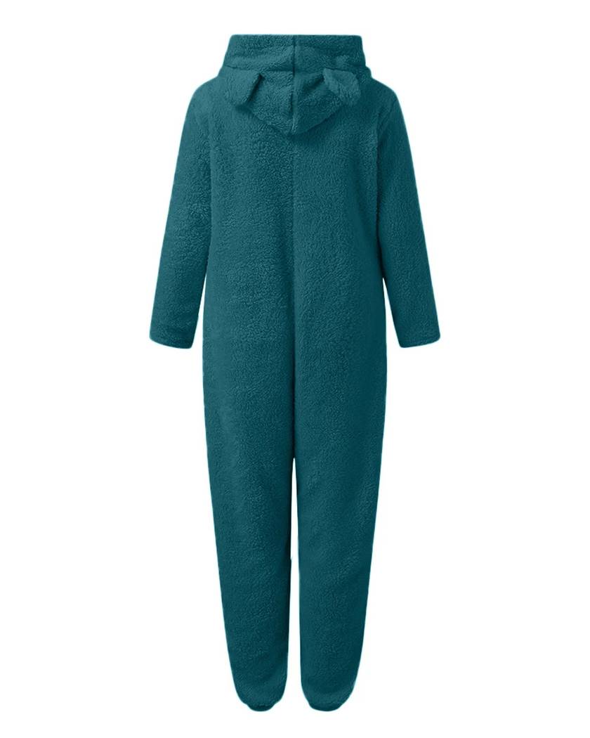 Combinaison pyjama en polaire teddy vert canard vue de dos, capuche à oreilles