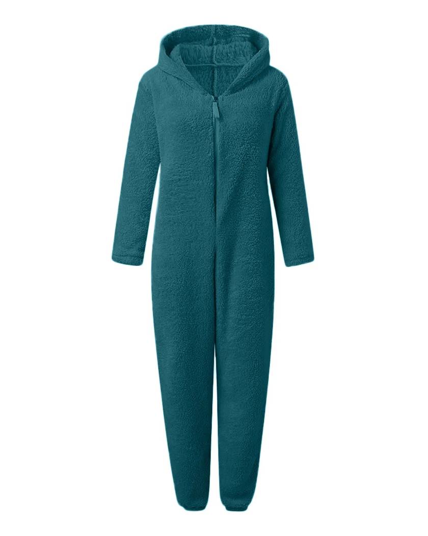 Combinaison pyjama en polaire teddy vert canard vue de face, fermeture zip