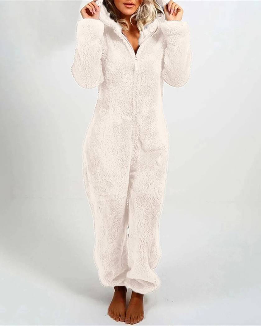Combinaison pyjama en polaire teddy, coloris blanc crème, capuche à oreilles et zip