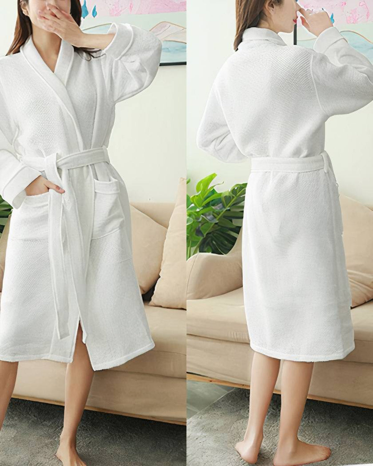 Peignoir blanc porté de face et de dos, ceinture nouée et longueur mi-mollet
