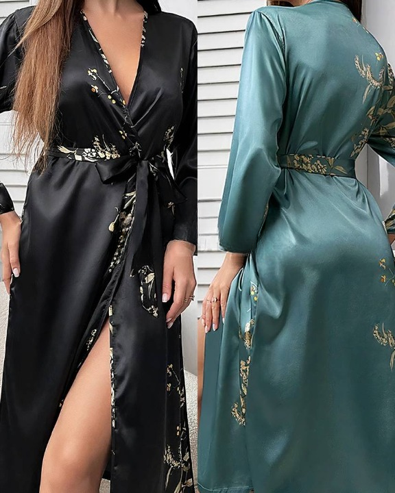 Peignoir kimono long en satin, coloris noir et vert céladon côte à côte