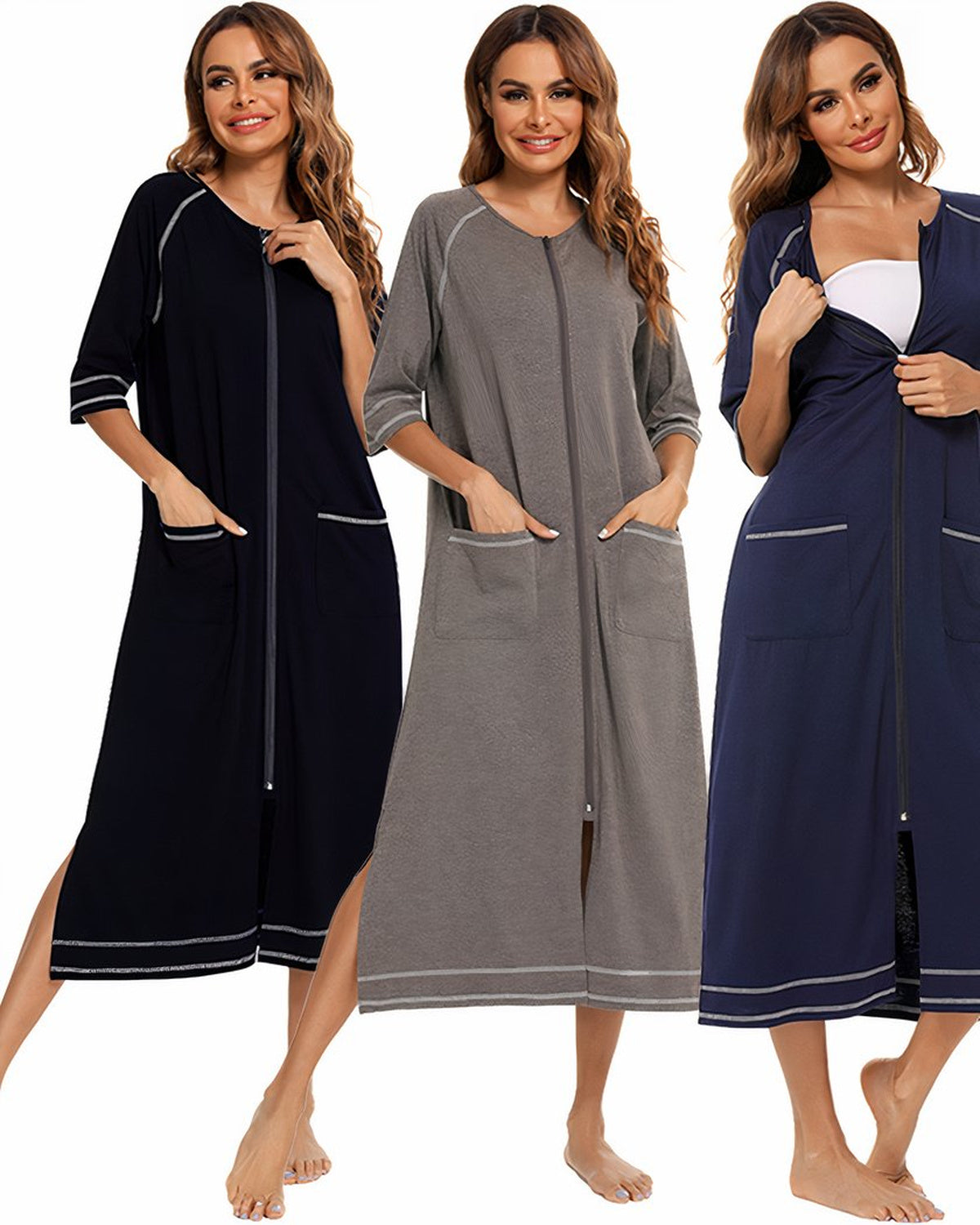 Les trois coloris du peignoir de maternité côte à côte, noir, gris chiné et bleu marine, portés de face, glissière fermée et deux poches à l’avant