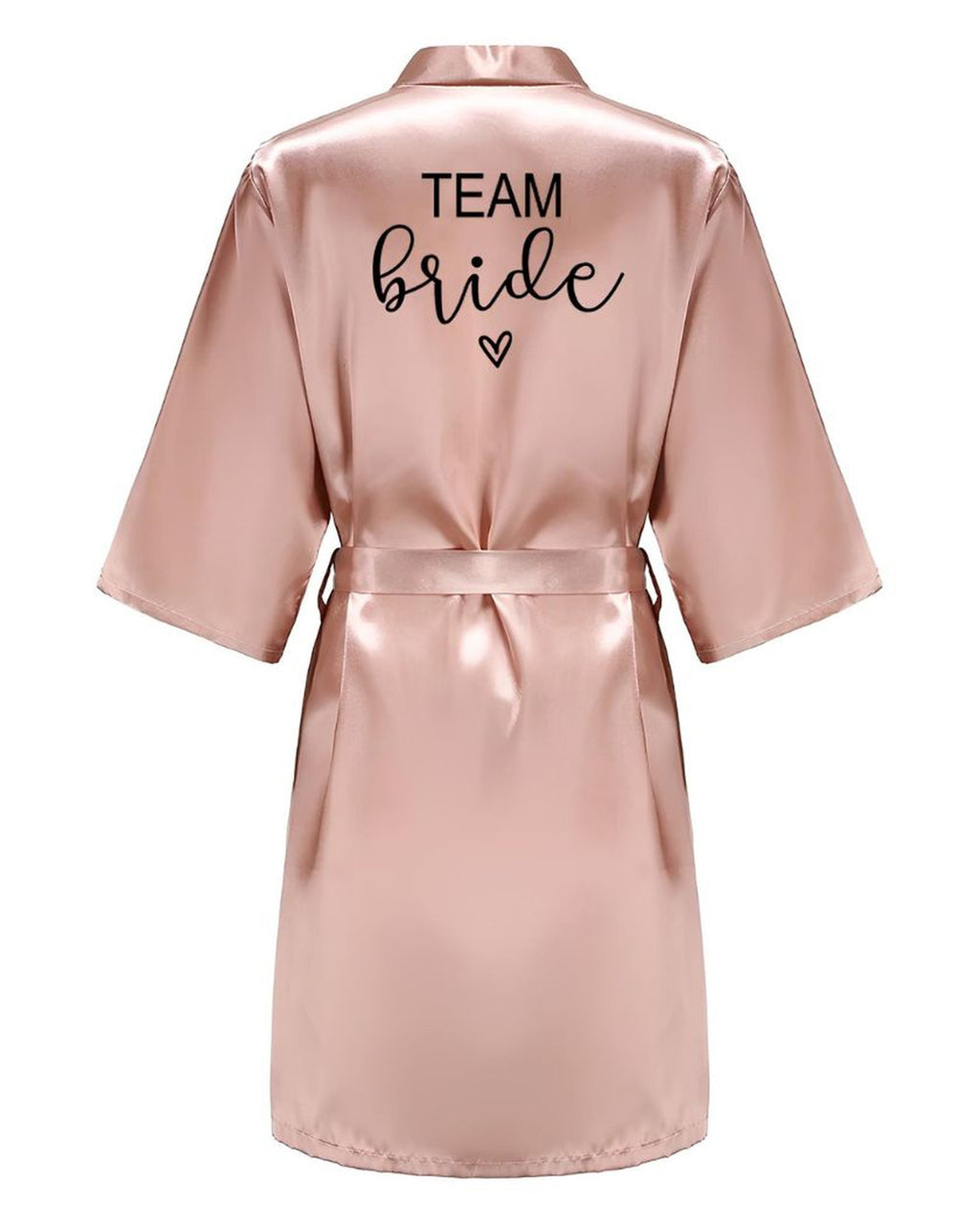 Peignoir kimono rose doré vu de dos, inscription Team Bride imprimée entre les épaules