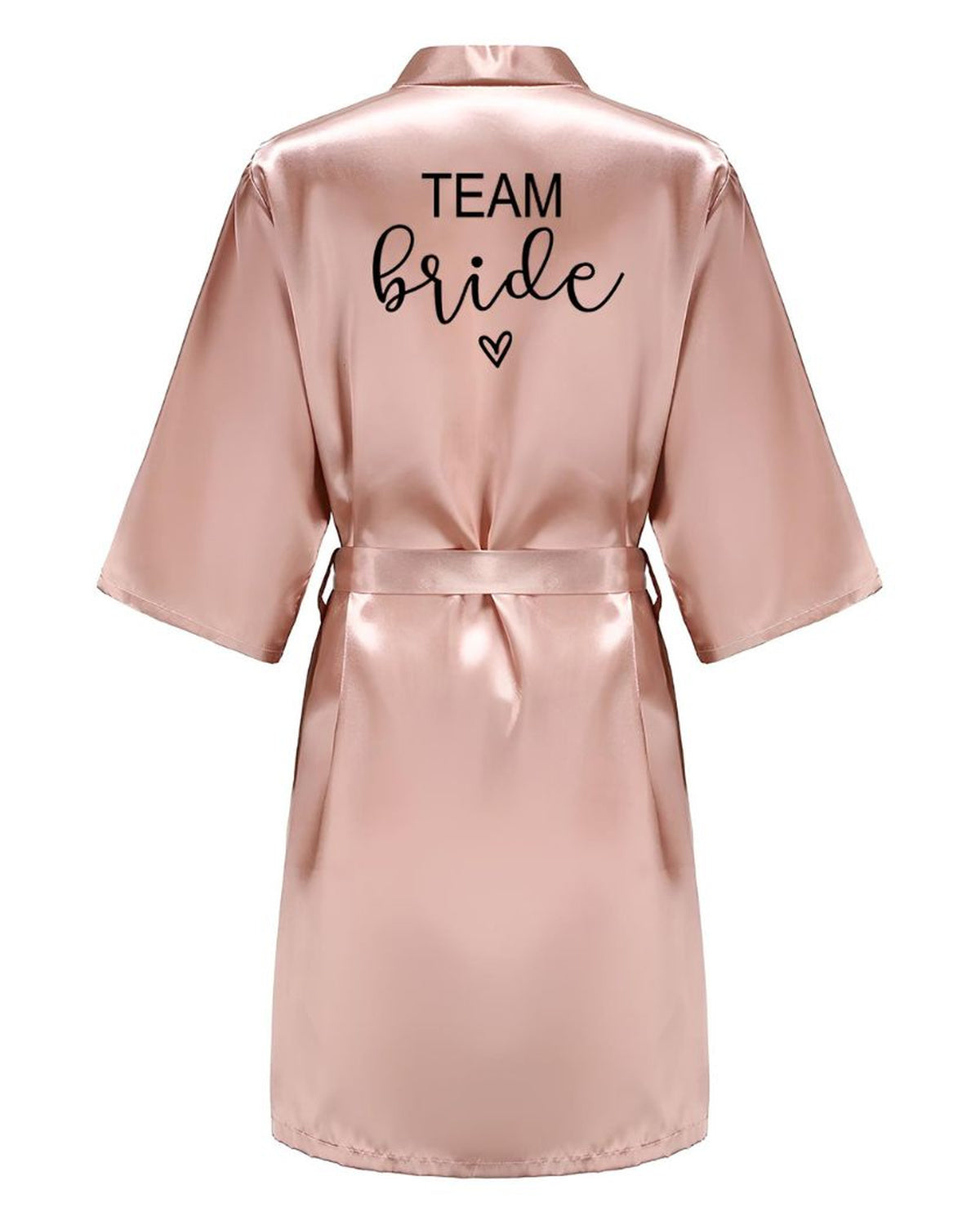 Peignoir kimono rose doré vu de dos, inscription Team Bride imprimée entre les épaules