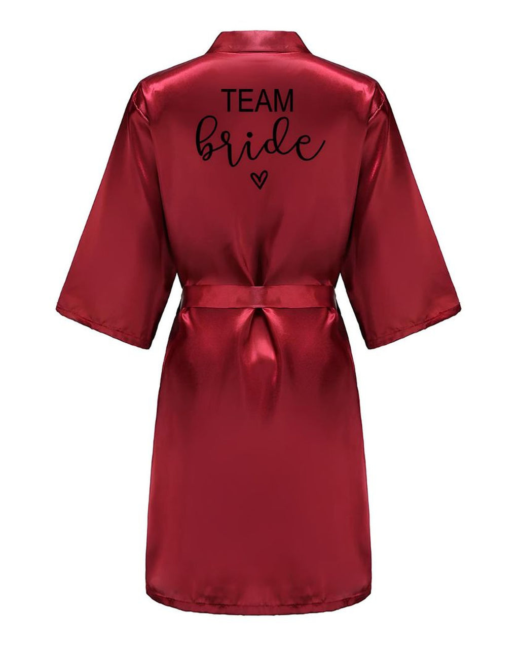 Peignoir kimono rouge profond vu de dos, inscription Team Bride et petit cœur