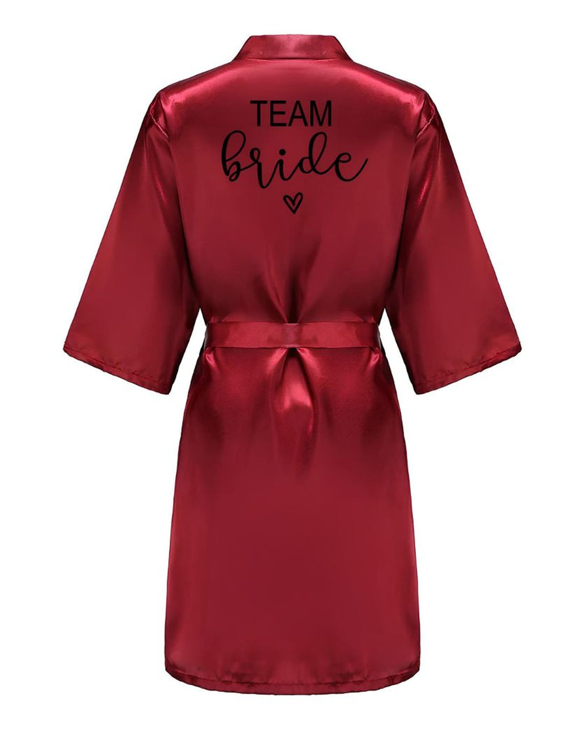 Peignoir kimono rouge profond vu de dos, inscription Team Bride et petit cœur