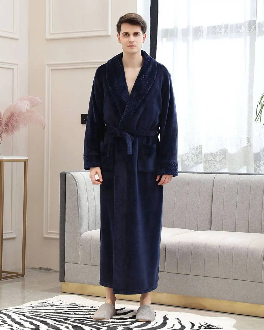 Robe de Chambre Homme Longue Effet Velours Bleu Marine